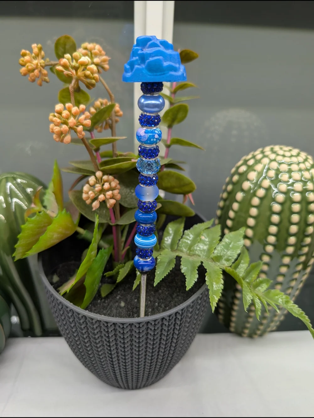 Blue Beaded Fairy Wand/Plant/Garden Stake W/Resin Succulent -Flower Topper
